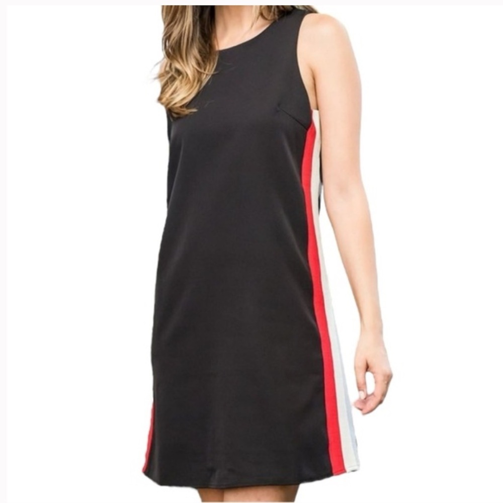 THML black sleeveless lined mini sheath dress w/ racing stripes